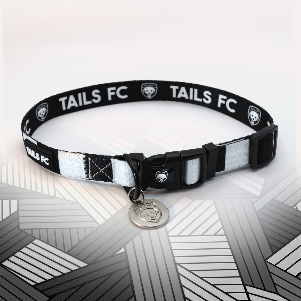Derby Black and white stripe dog collar with 'TAILS FC' logo