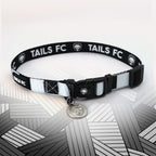 Derby Black and white stripe dog collar with 'TAILS FC' logo