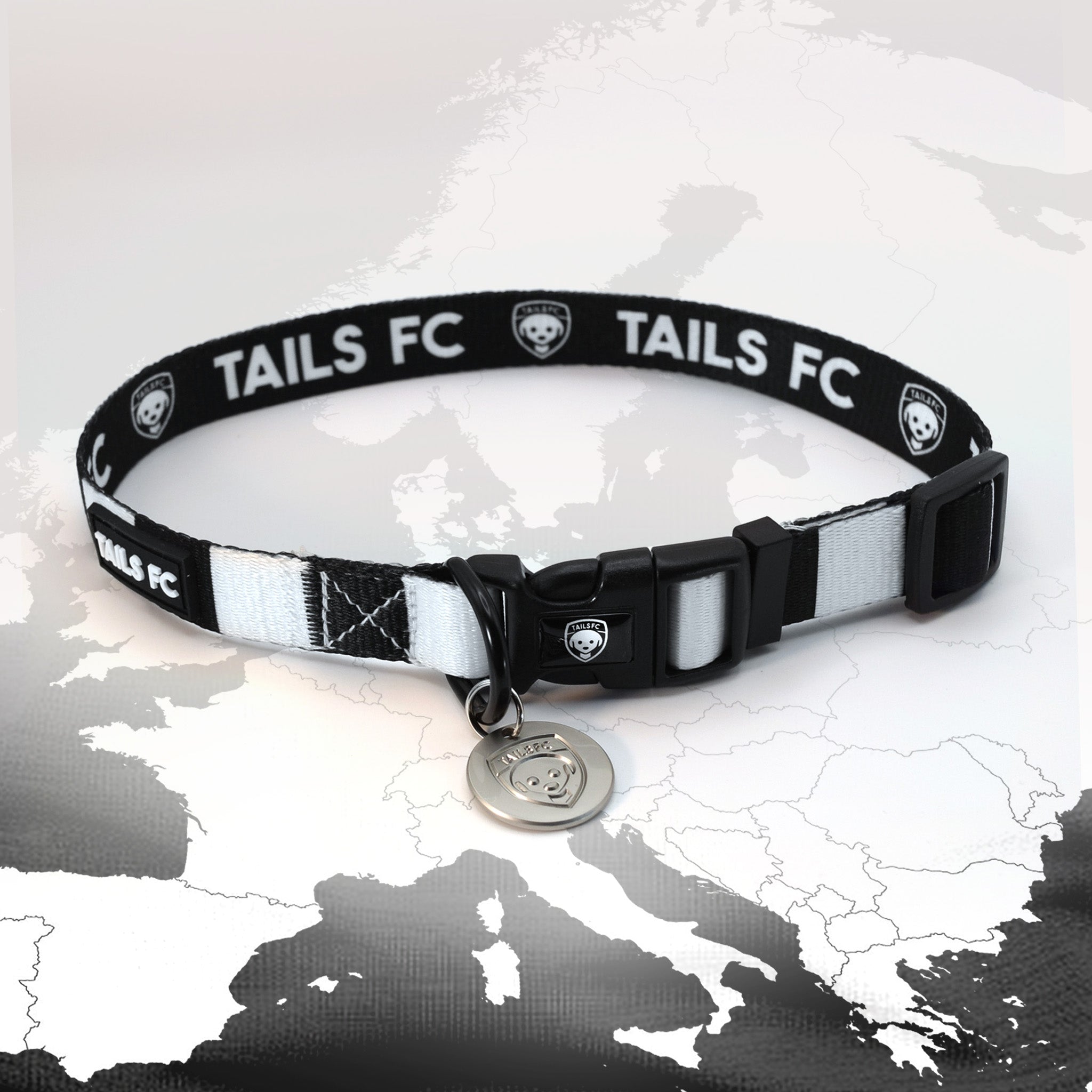 Juventus Black and white stripe dog collar with 'TAILS FC' logo