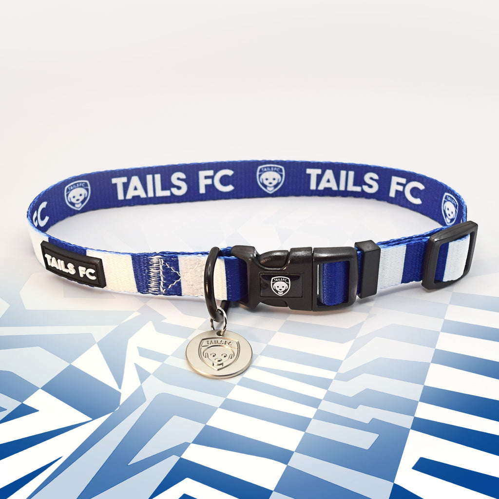Blackburn Rovers Blue and white stripe dog collar with 'TAILS FC' logo