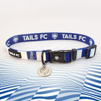 Leicester Blue and white stripe dog collar with 'TAILS FC' logo