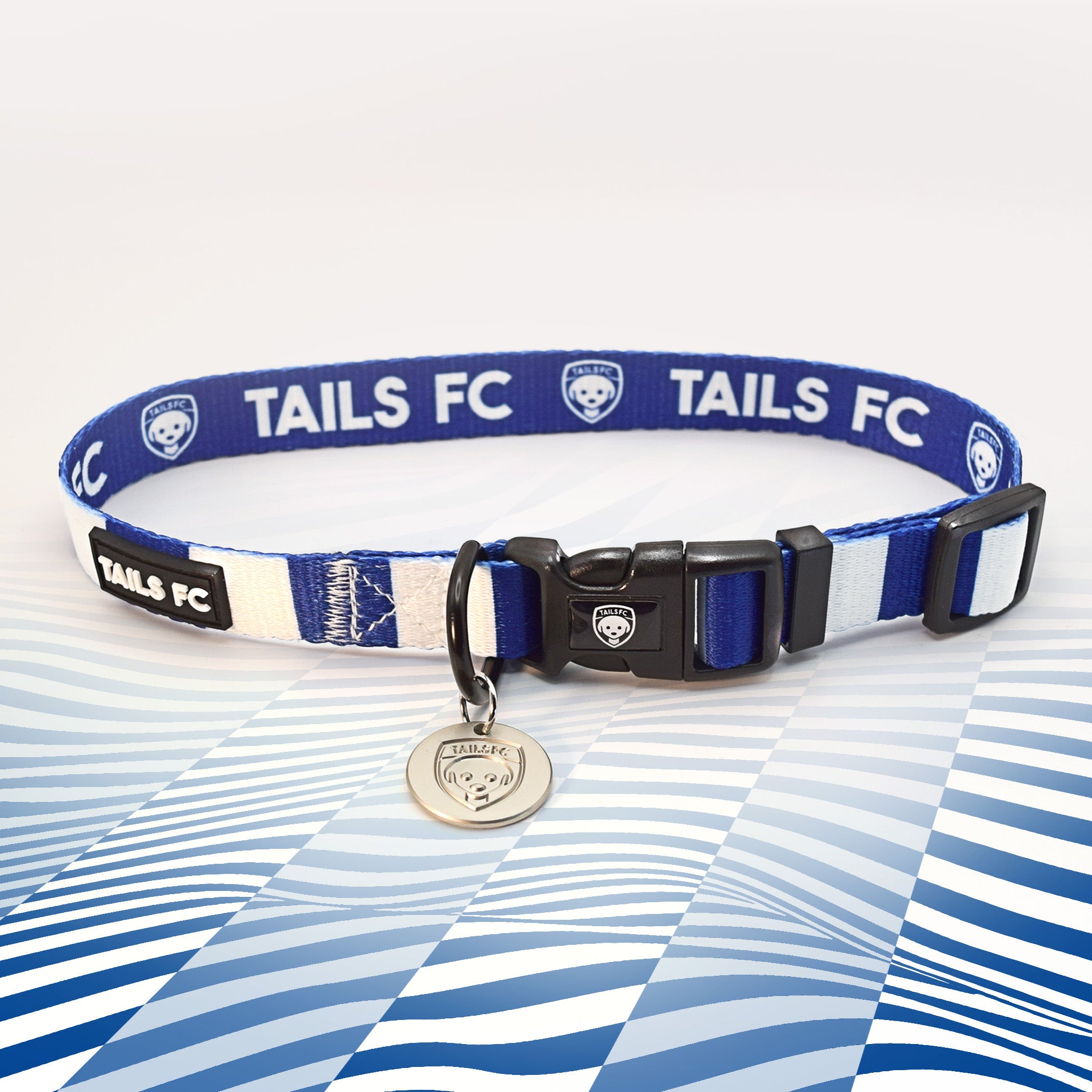 Leicester Blue and white stripe dog collar with 'TAILS FC' logo
