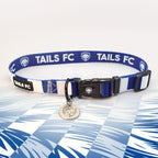 Portsmouth Blue and white stripe dog collar with 'TAILS FC' logo