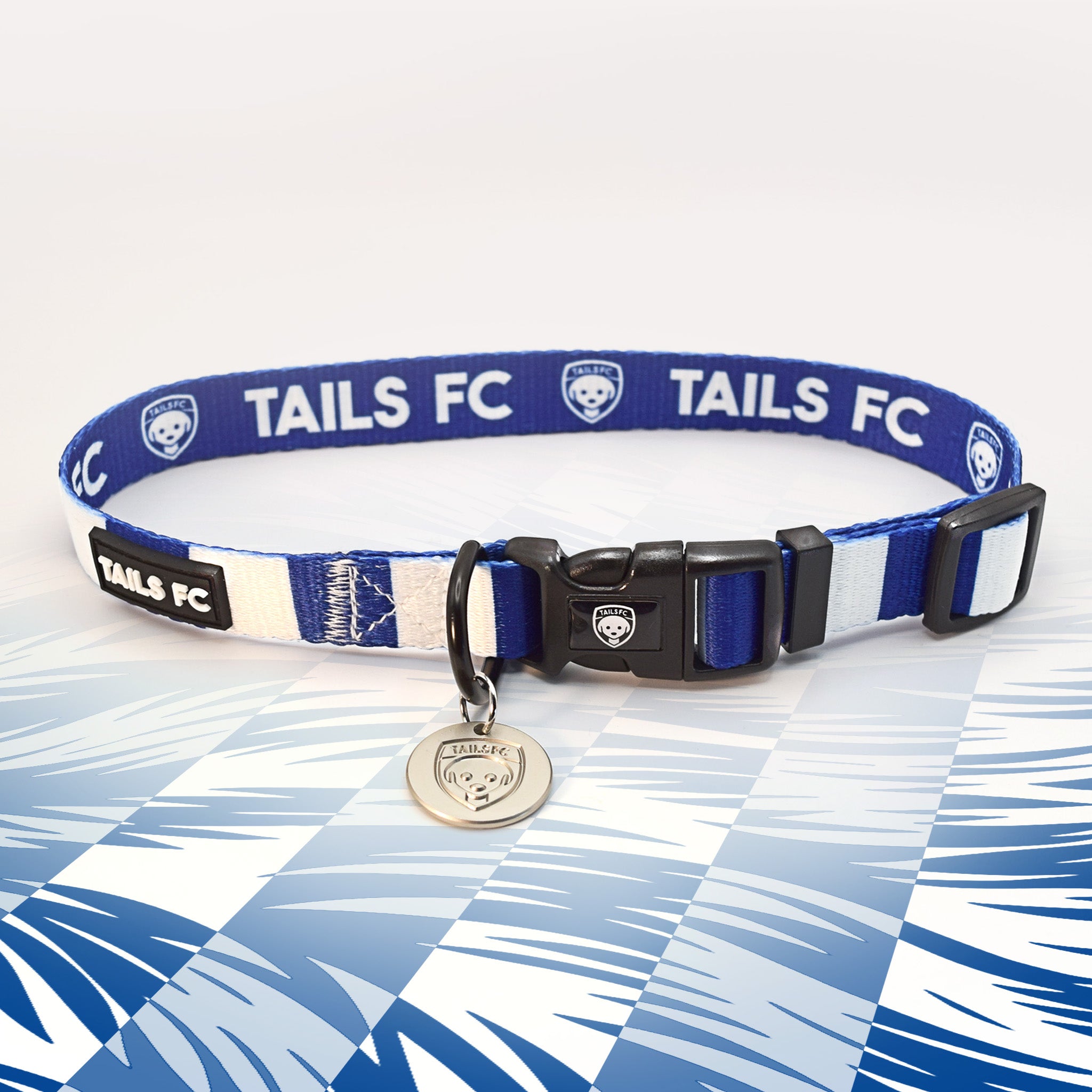 Portsmouth Blue and white stripe dog collar with 'TAILS FC' logo
