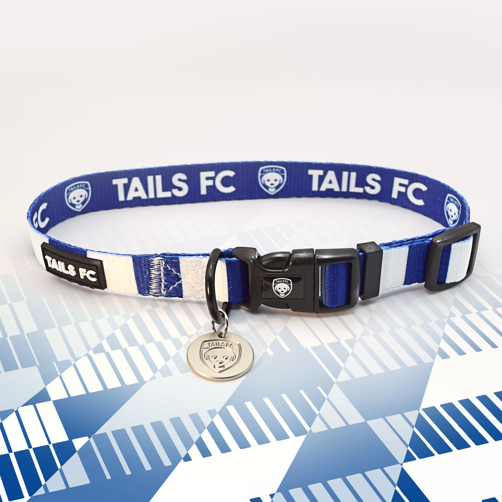 Preston North End Blue and white stripe dog collar with 'TAILS FC' logo