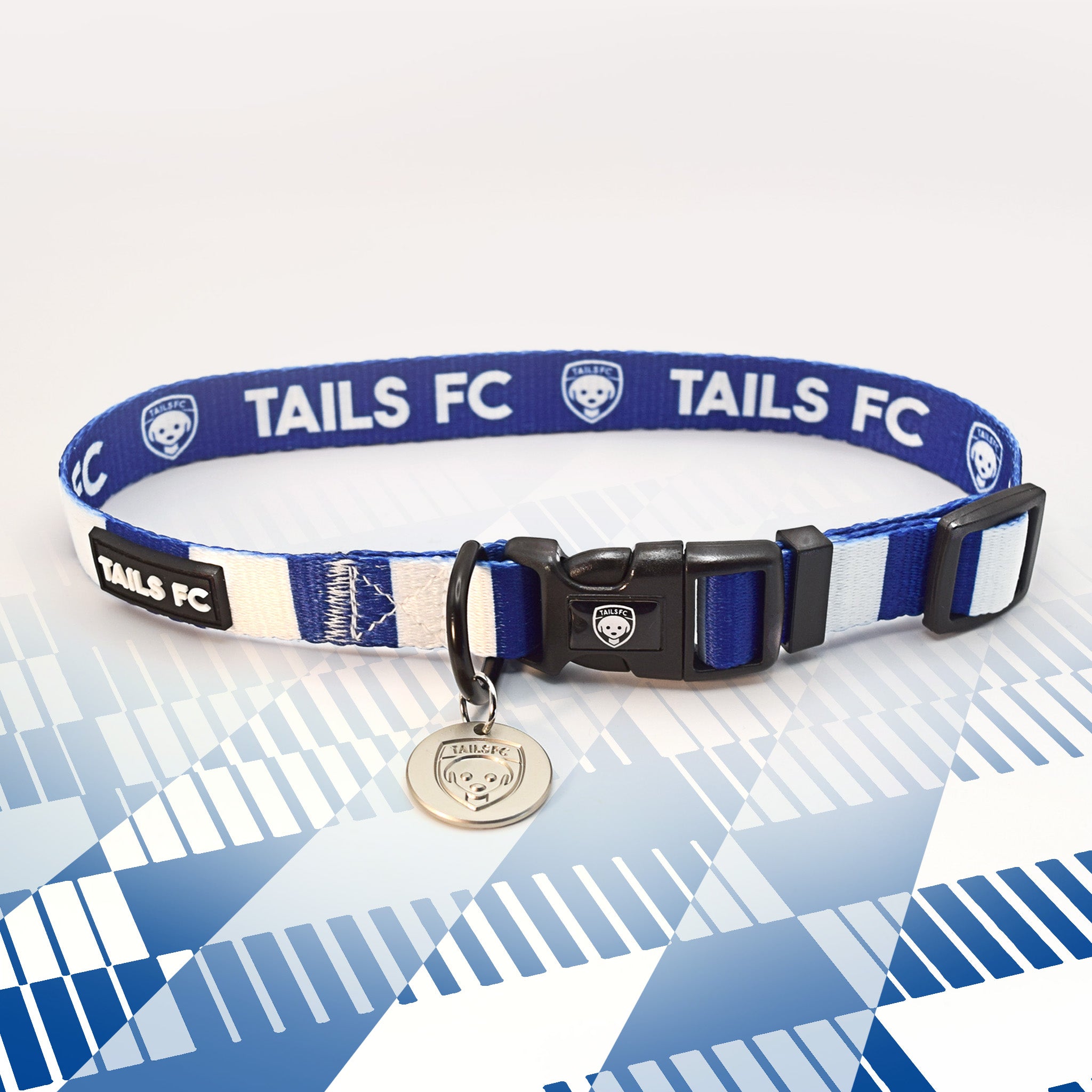 Preston North End Blue and white stripe dog collar with 'TAILS FC' logo
