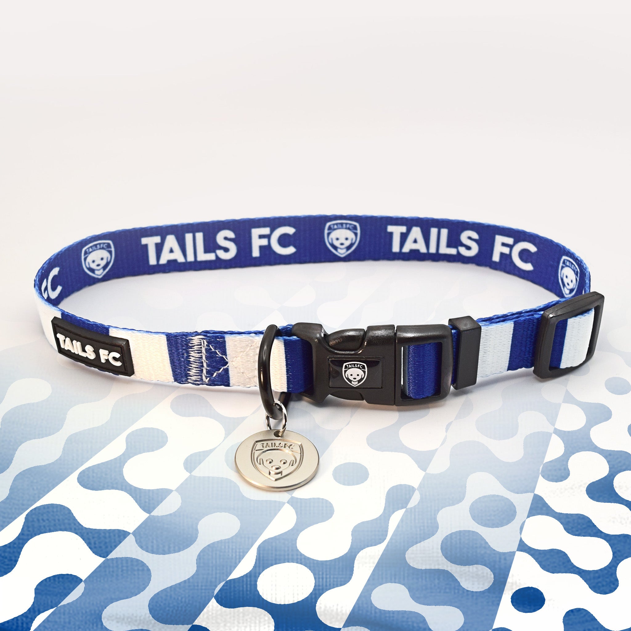 Rangers Blue and white stripe dog collar with 'TAILS FC' logo