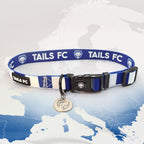 Real Madrid Blue and white stripe dog collar with 'TAILS FC' logo