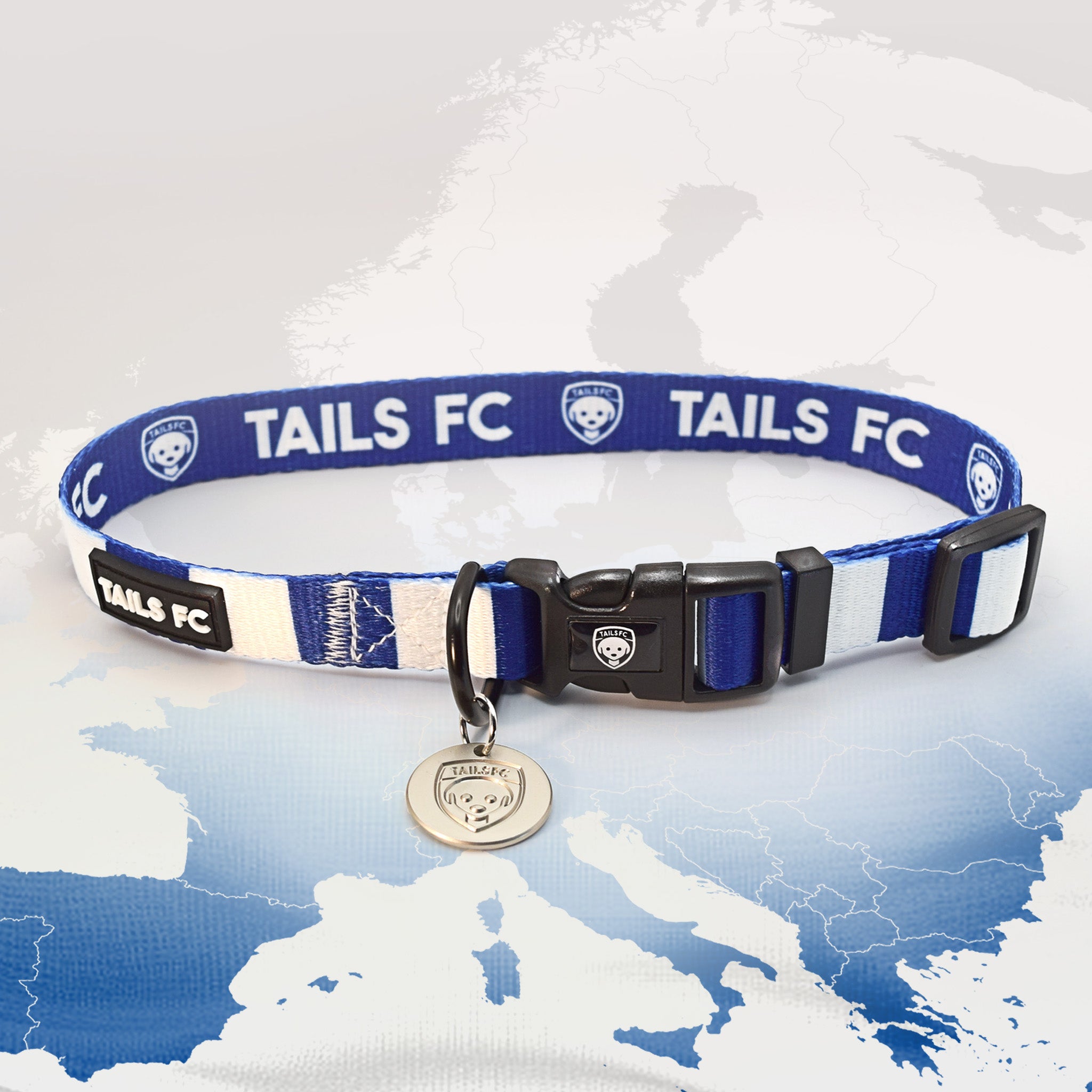 Real Madrid Blue and white stripe dog collar with 'TAILS FC' logo