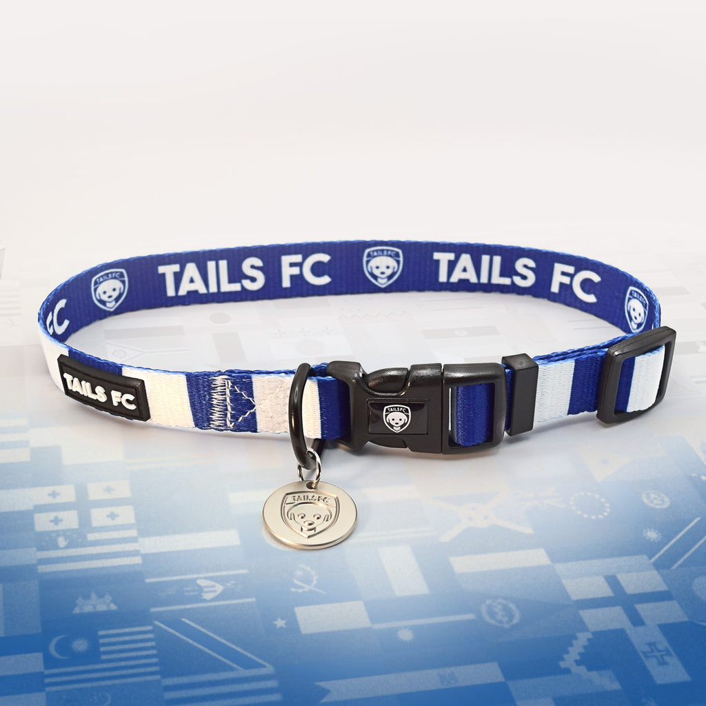 Scotland Blue and white stripe dog collar with 'TAILS FC' logo