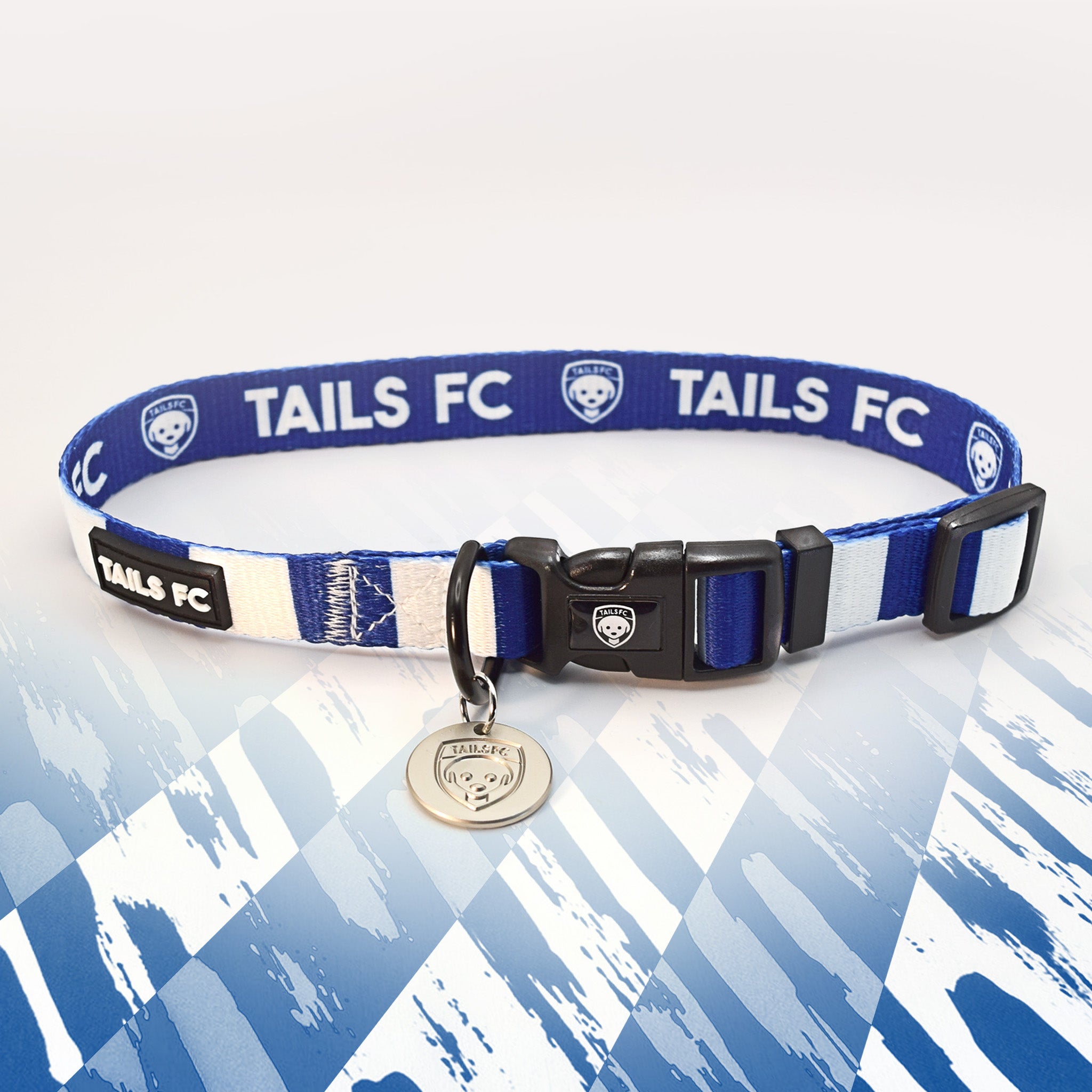 Blue and white stripe dog collar with 'TAILS FC' logo