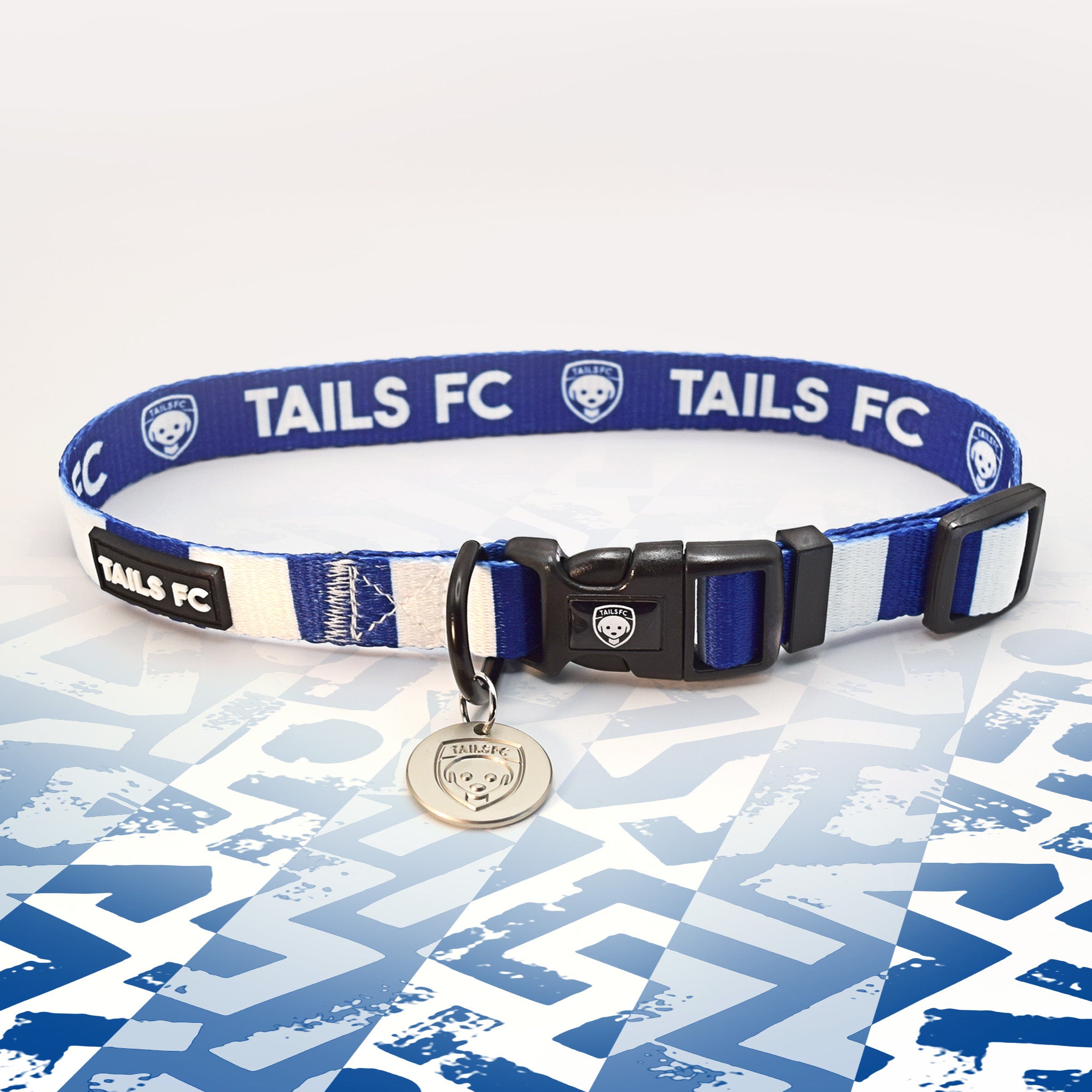 West Brom Blue and white stripe dog collar with 'TAILS FC' logo
