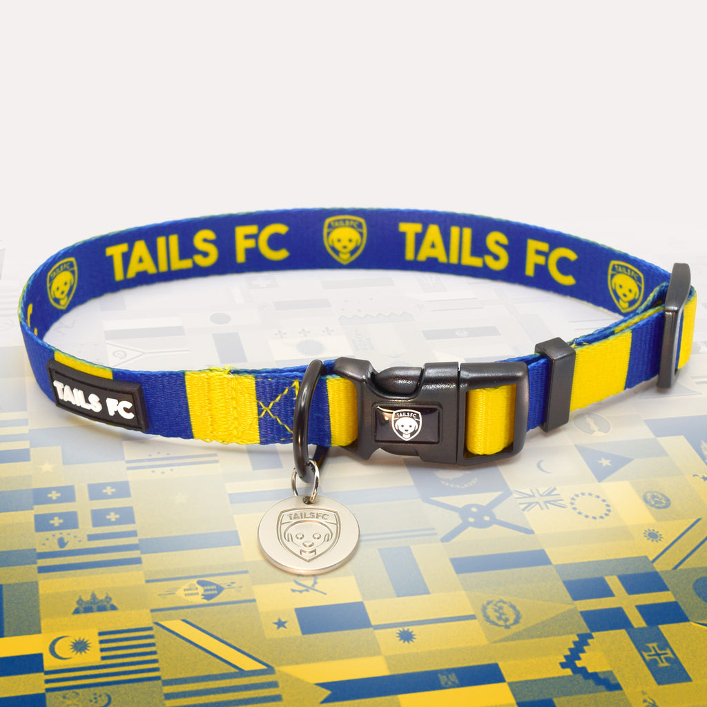 Sweden Blue and yellow stripe dog collar with 'TAILS FC' logo
