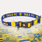 Sweden Blue and yellow stripe dog collar with 'TAILS FC' logo