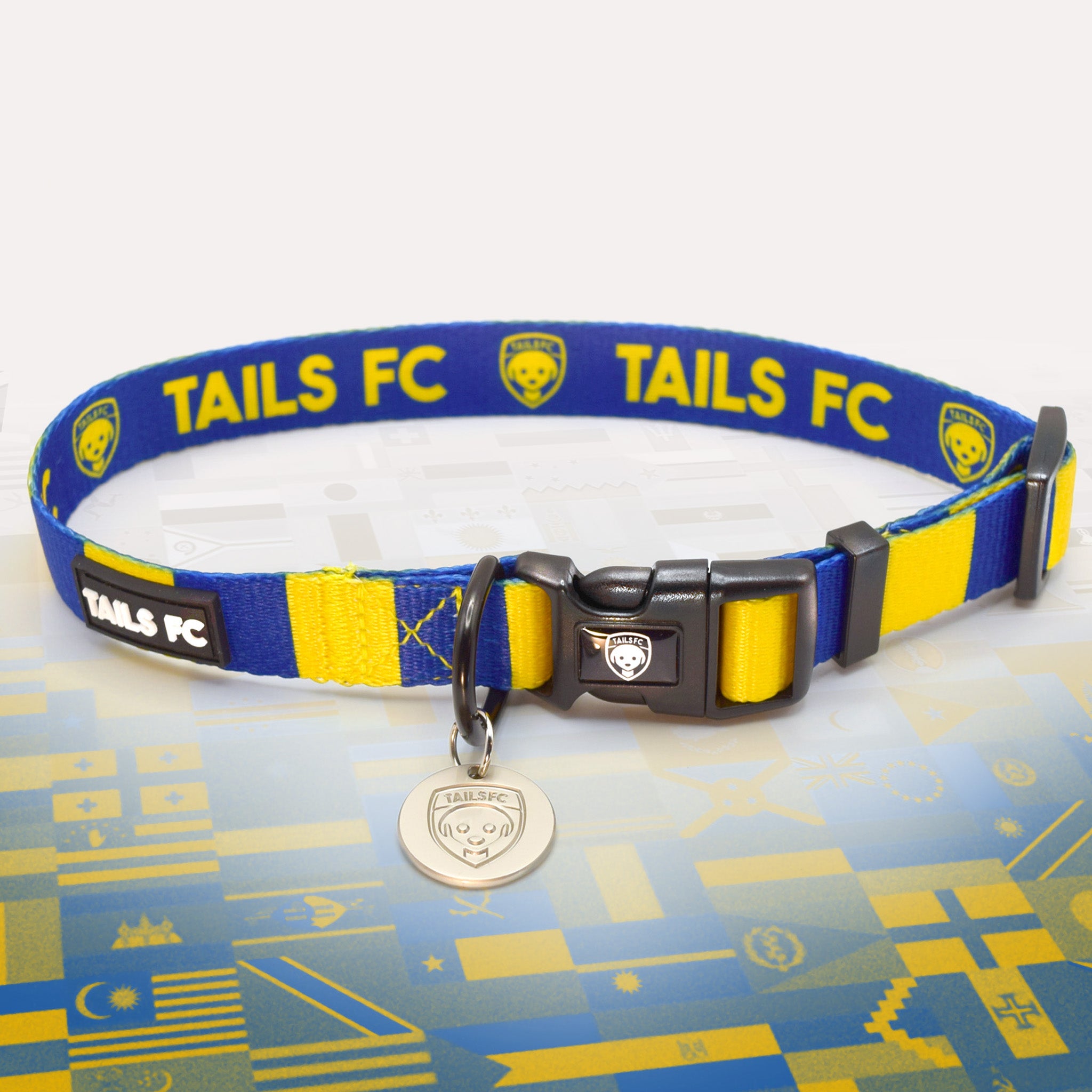 Blue and yellow stripe dog collar with 'TAILS FC' logo
