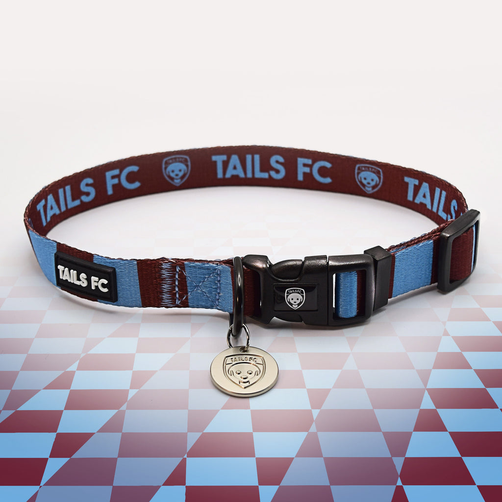 Burnley Claret and blue stripe dog collar with 'TAILS FC' logo