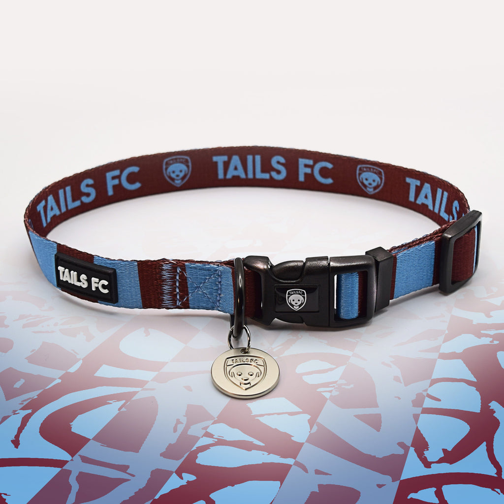 West Ham Claret and blue stripe dog collar with 'TAILS FC' logo