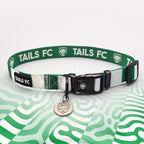 Celtic Green and white stripe dog collar with 'TAILS FC' logo