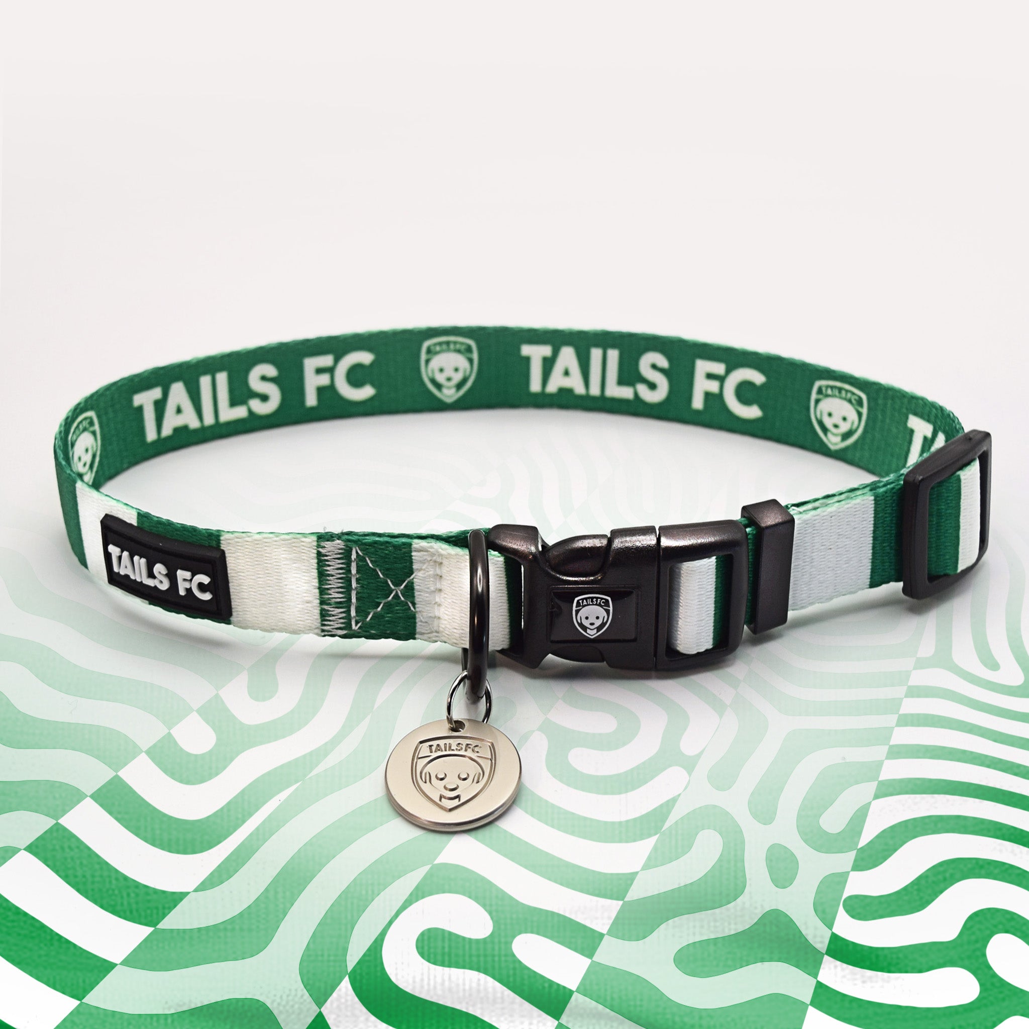 Celtic Green and white stripe dog collar with 'TAILS FC' logo