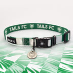 Hibernian Green and white stripe dog collar with 'TAILS FC' logo