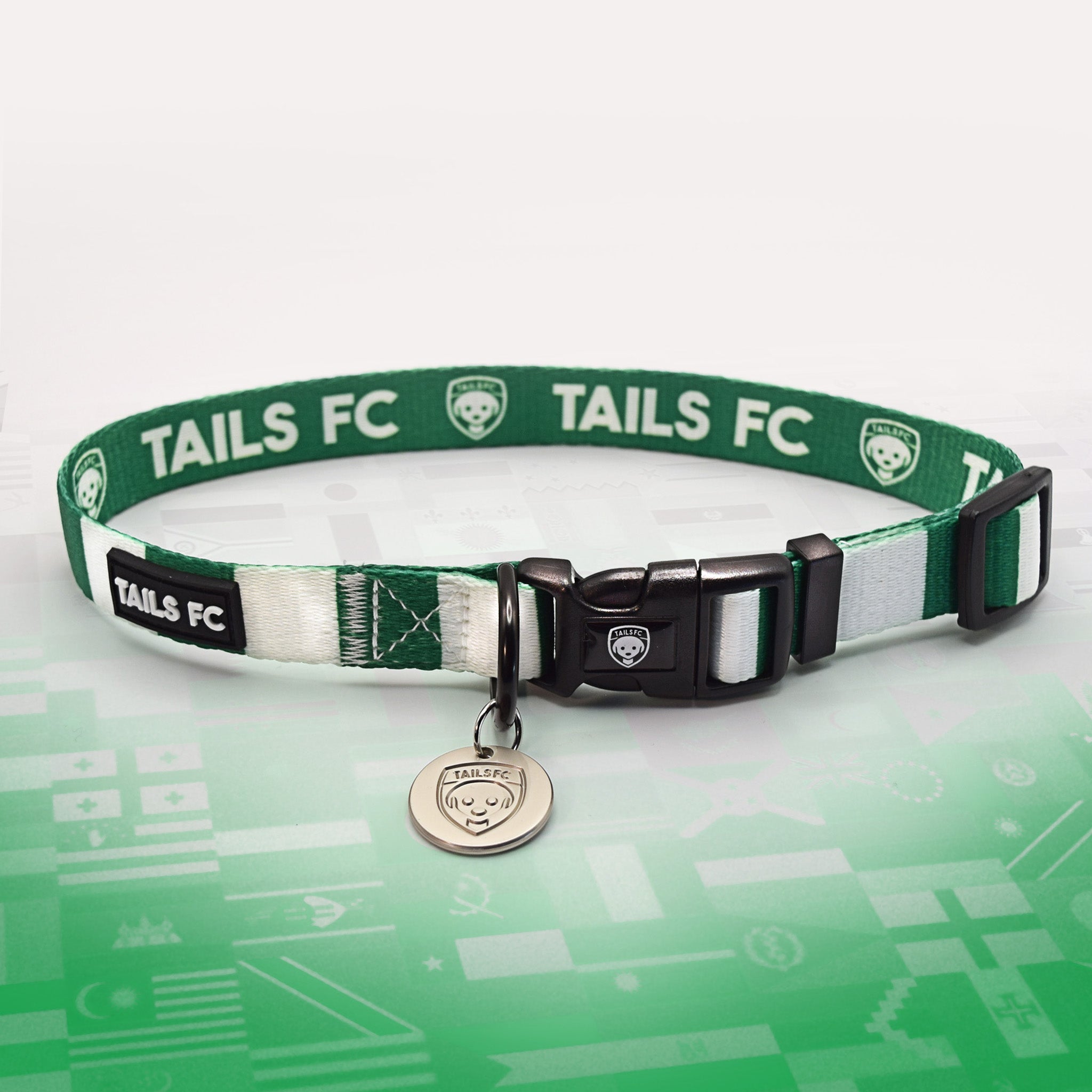 Northern Ireland Green and white stripe dog collar with 'TAILS FC' logo