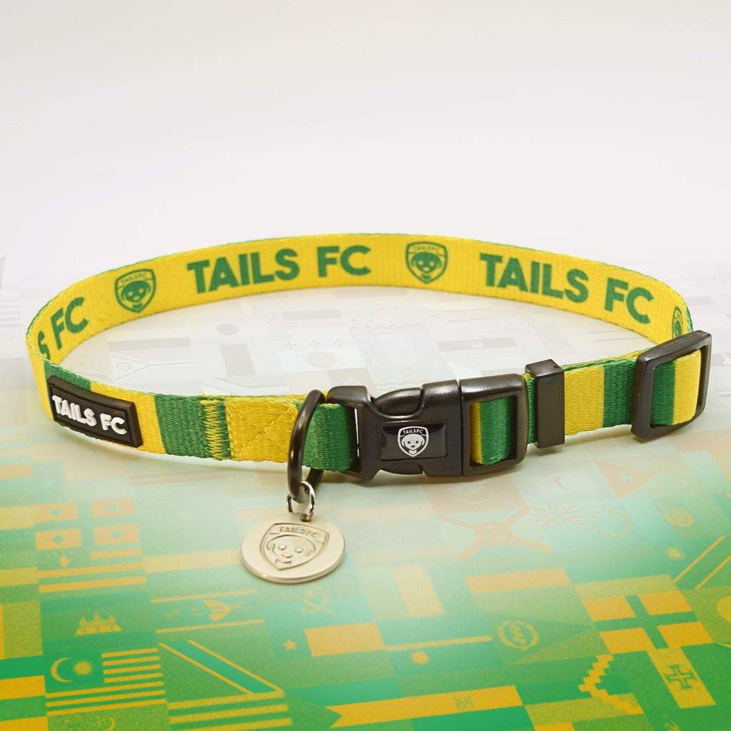 Republic of Ireland Yellow and green stripe dog collar with 'TAILS FC' logo