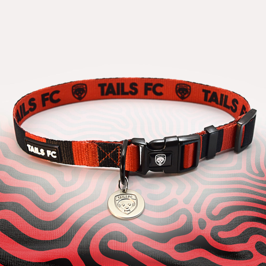 Manchester United Red and black dog collar with 'TAILS FC' logo.