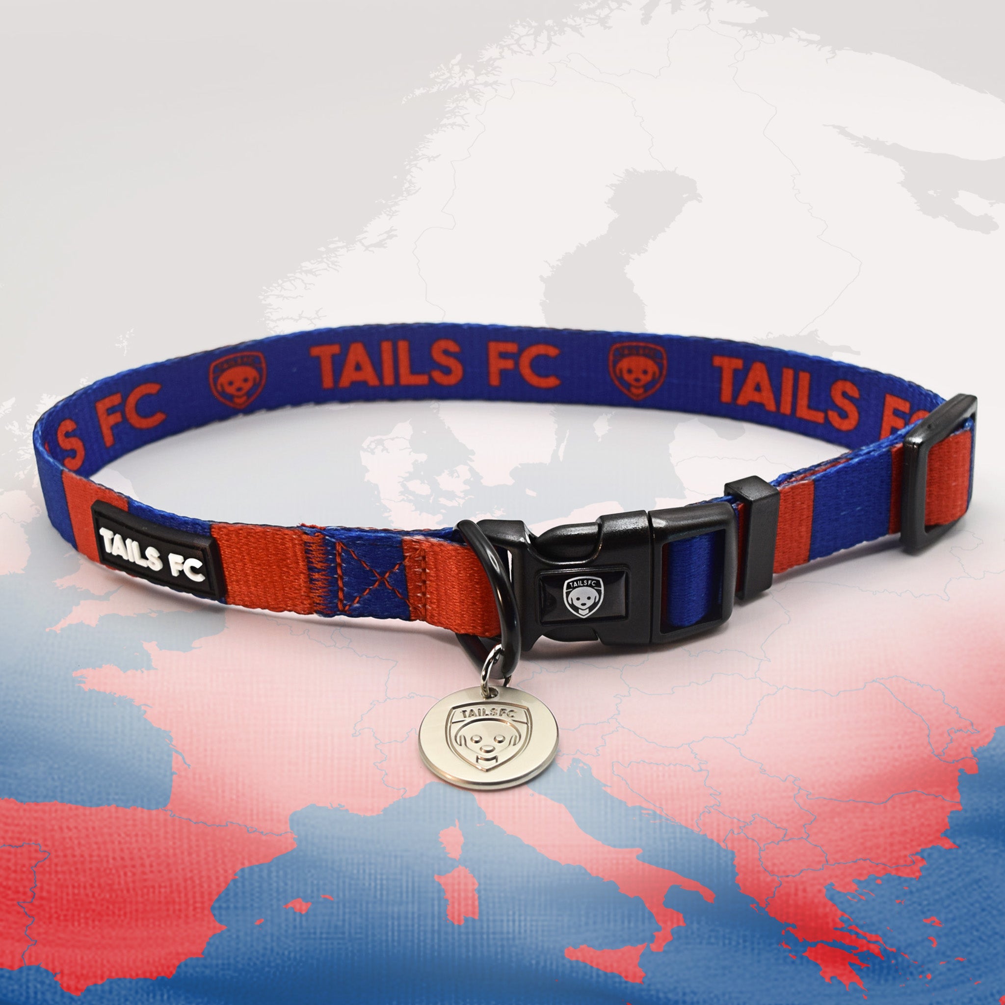 Barcelona Red and blue stripe dog collar with 'TAILS FC' logo