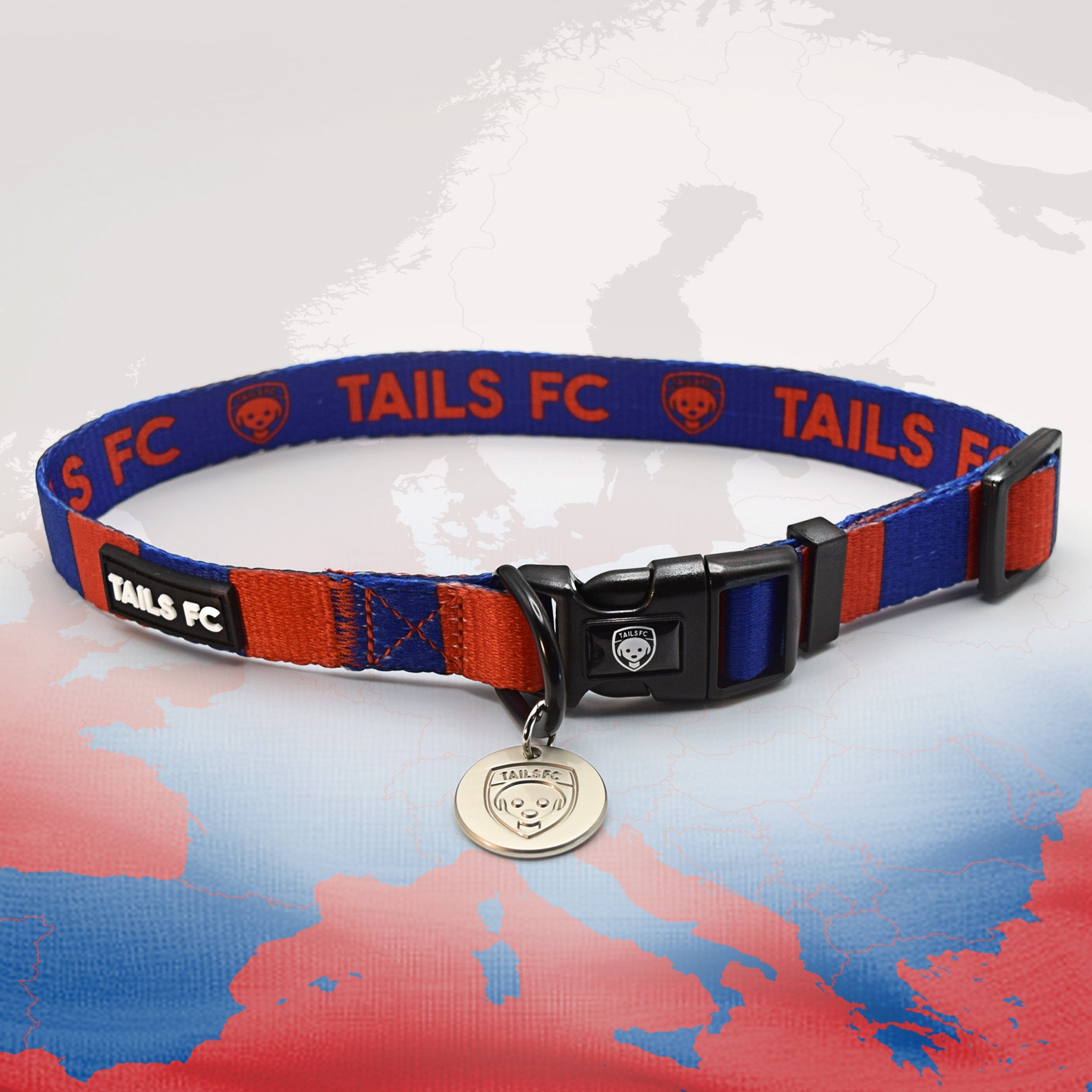 PSG Red and blue stripe dog collar with 'TAILS FC' logo
