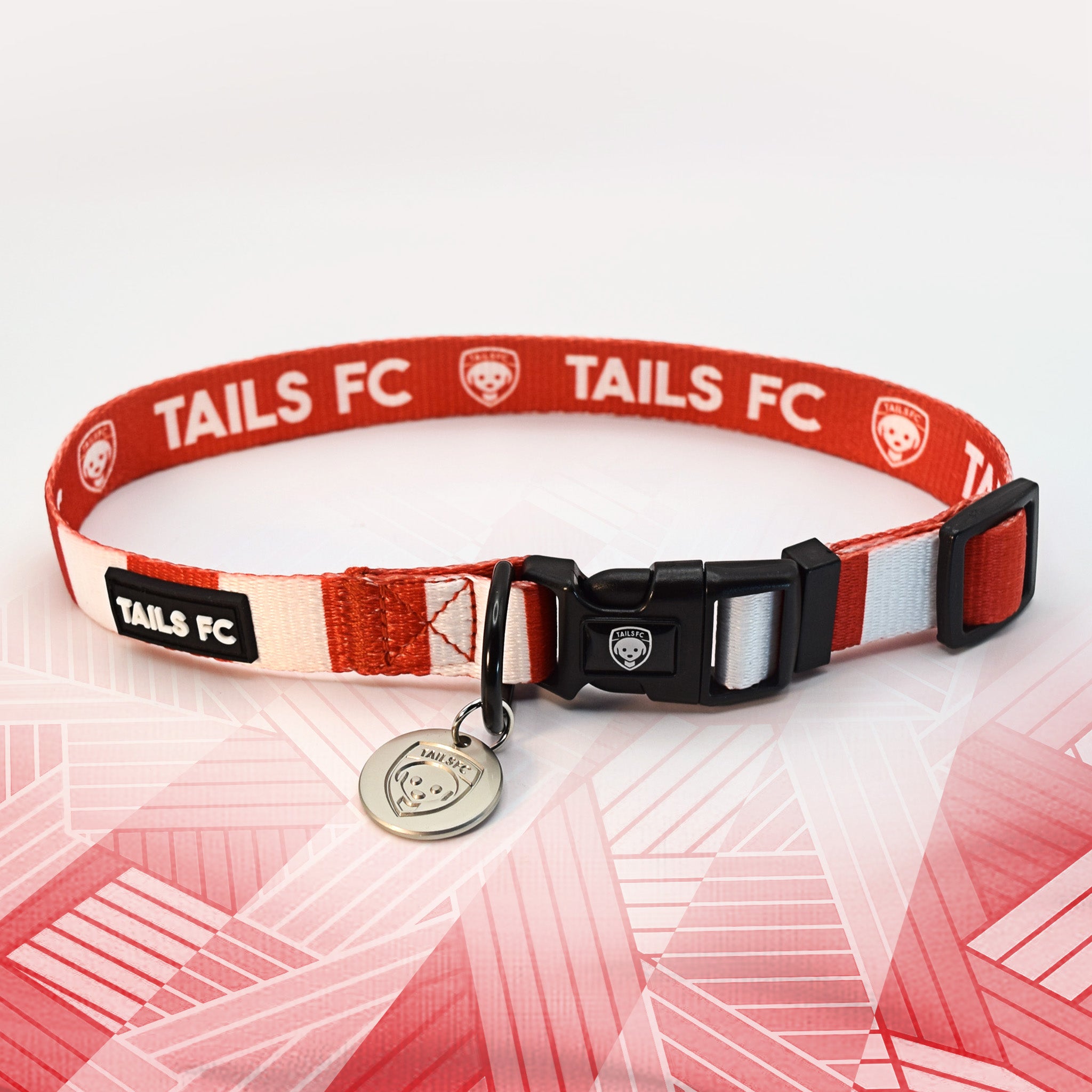 Aberdeen Red and white stripe dog collar with 'TAILS FC' logo