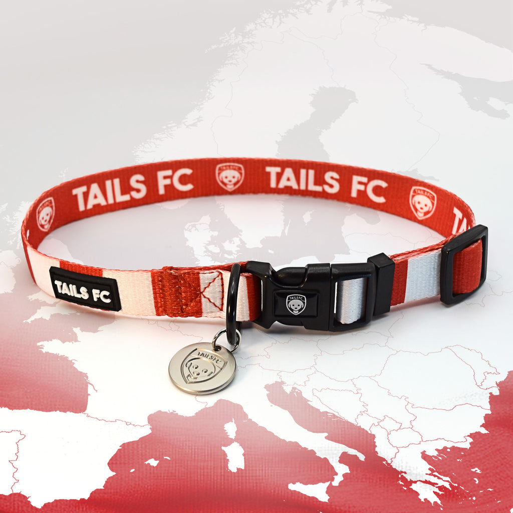 Bayern Munich Red and white stripe dog collar with 'TAILS FC' logo