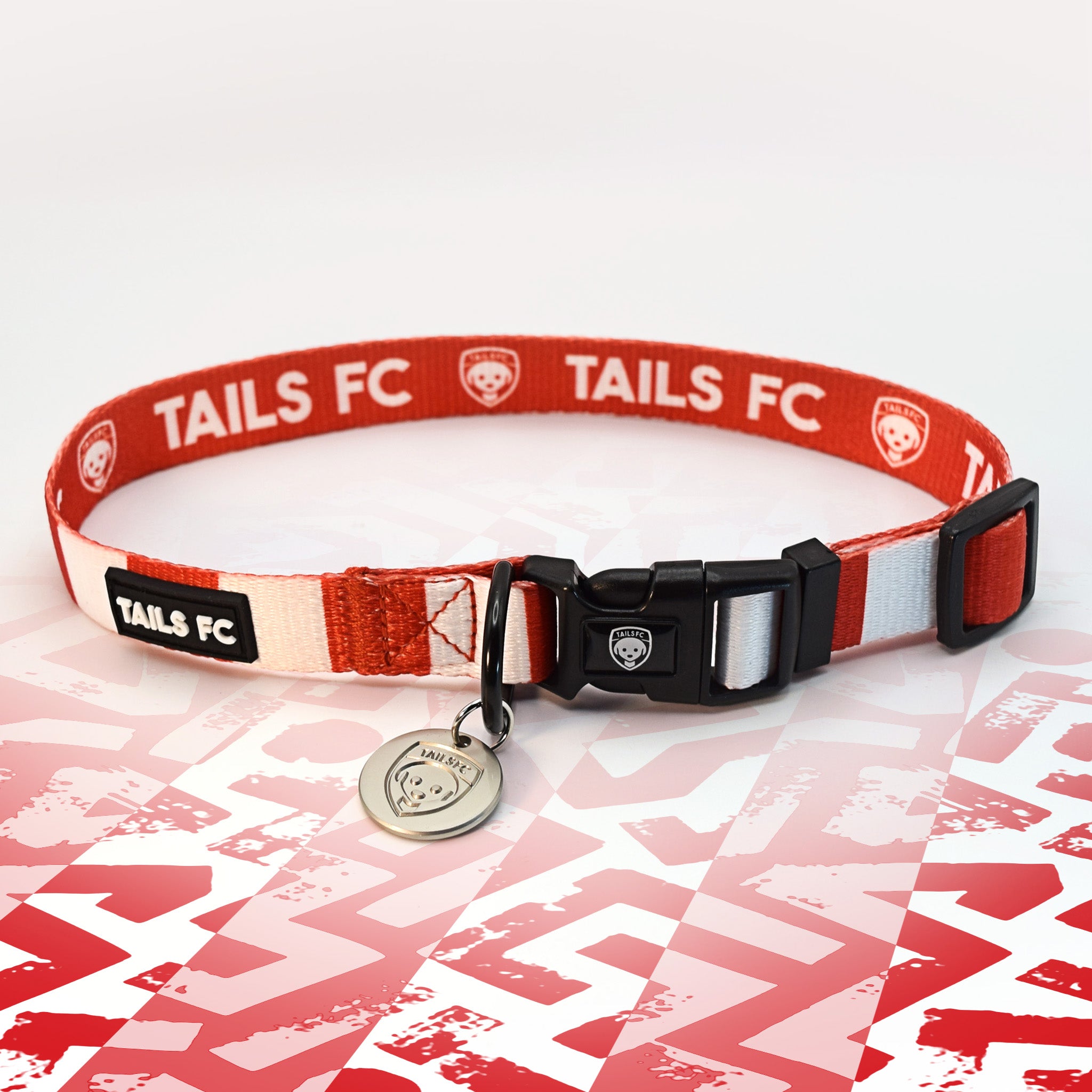 Charlton Red and white stripe dog collar with 'TAILS FC' logo