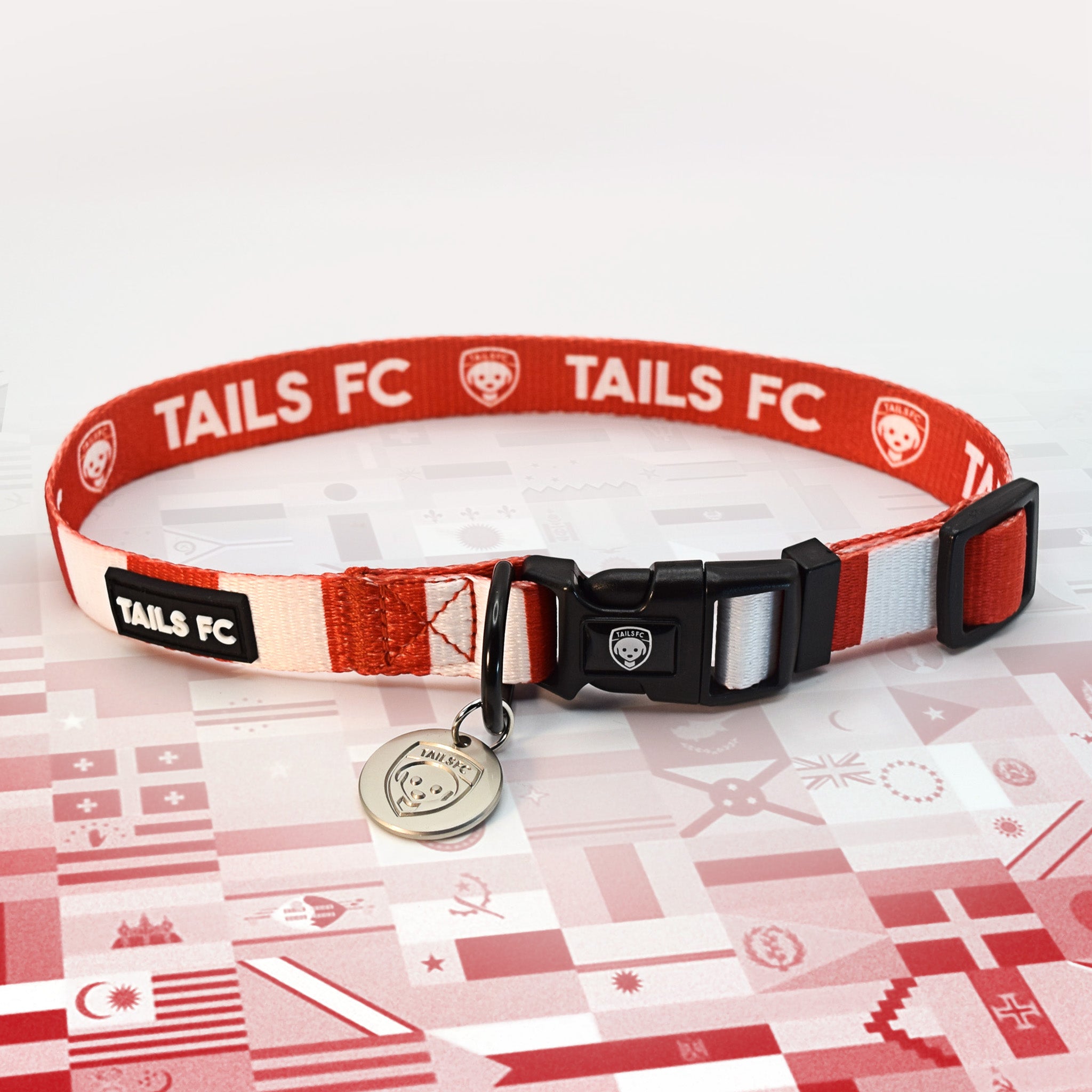 England Red and white stripe dog collar with 'TAILS FC' logo