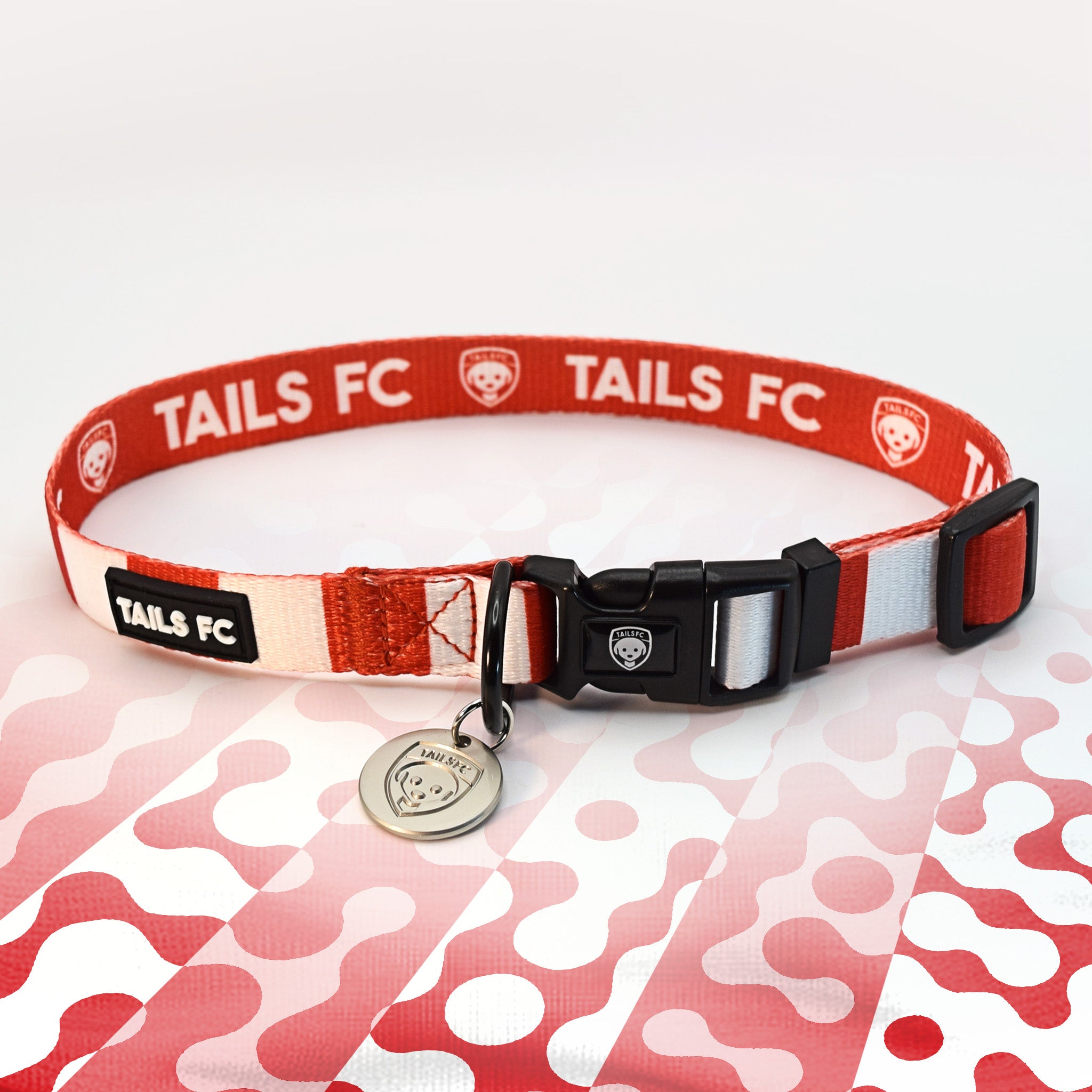 Hearts Red and white stripe dog collar with 'TAILS FC' logo
