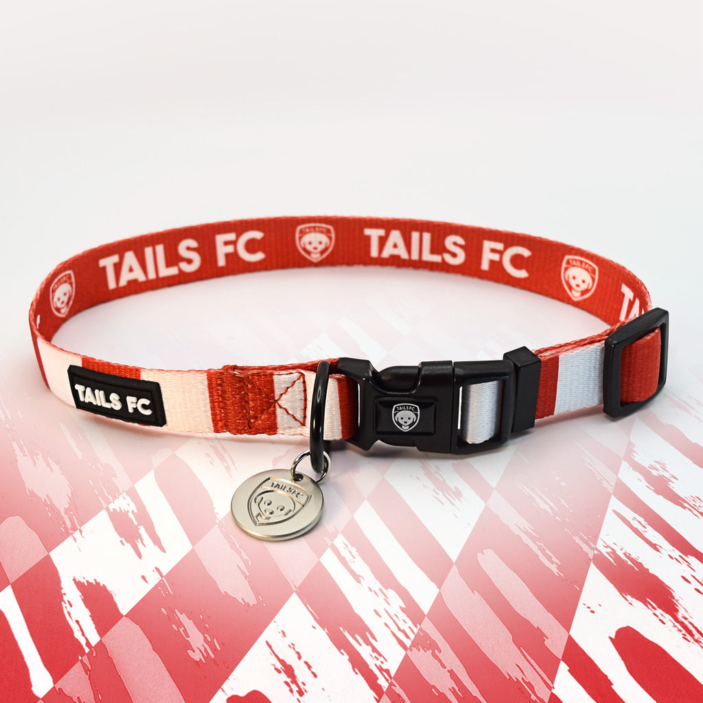 Southampton Red and white stripe dog collar with 'TAILS FC' logo
