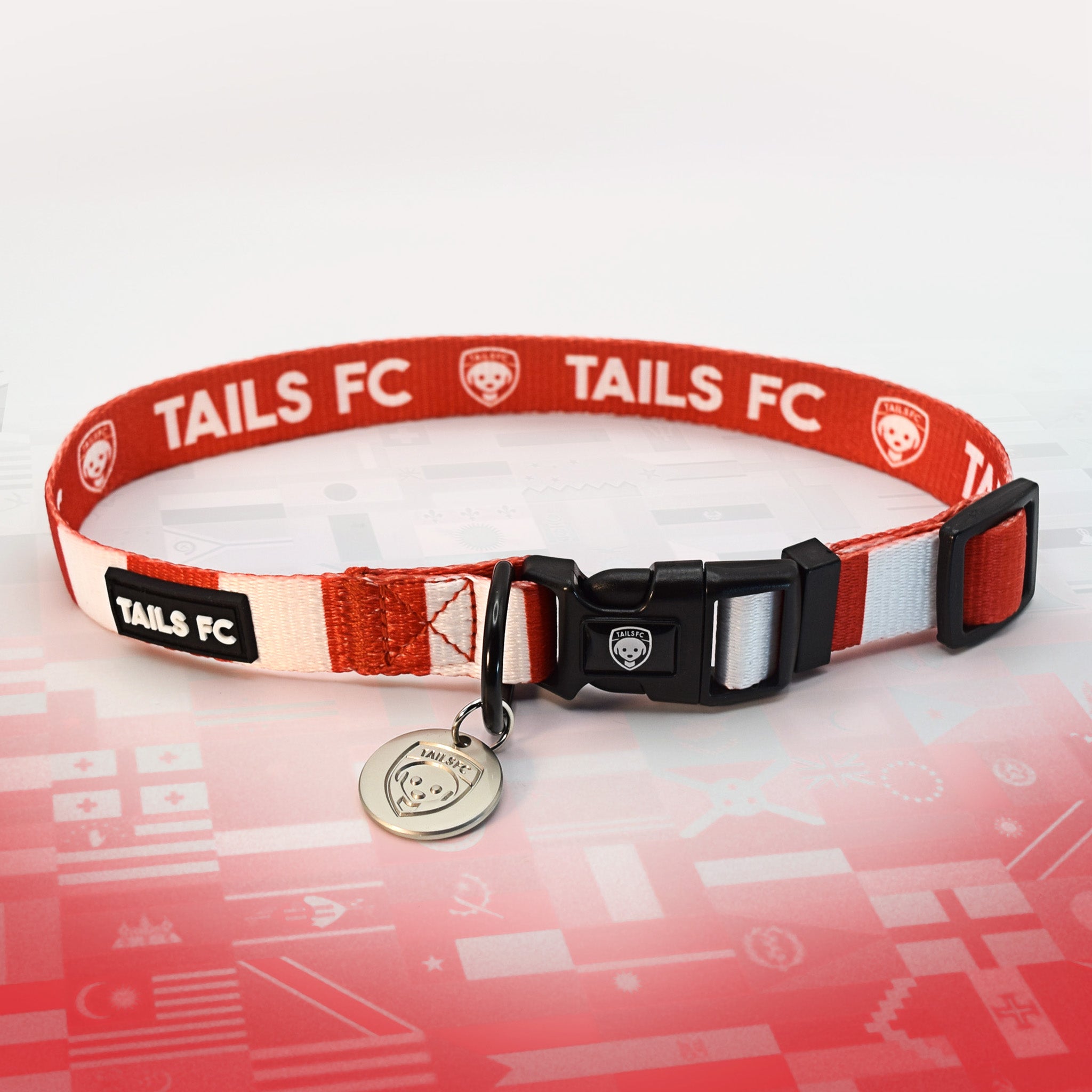 Wales Red and white stripe dog collar with 'TAILS FC' logo