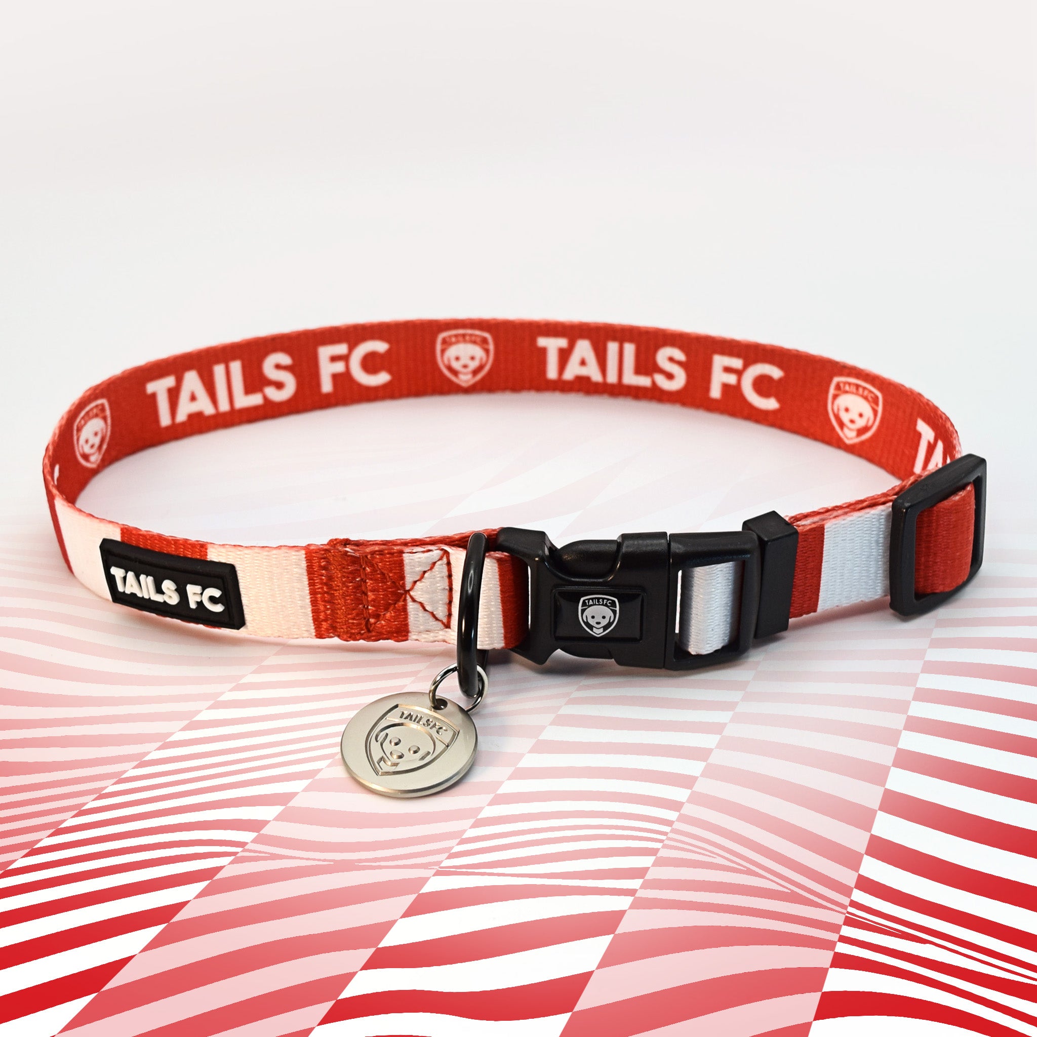 Red and white stripe dog collar with 'TAILS FC' logo