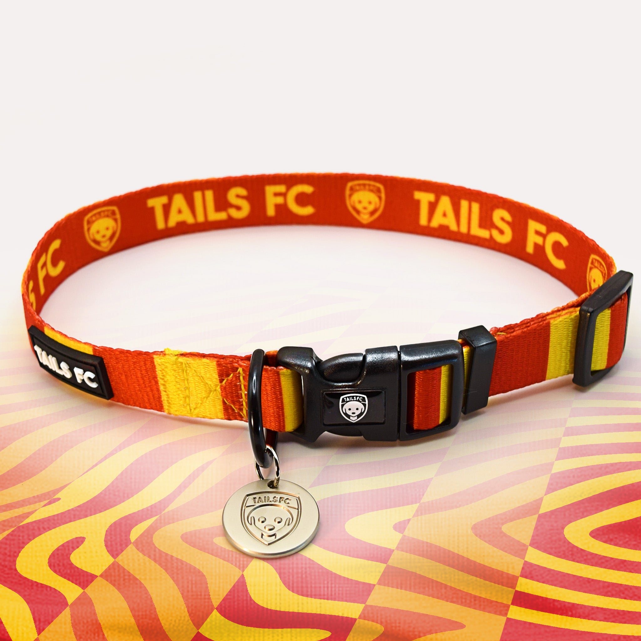 Motherwell Red and yellow stripe dog collar with 'TAILS FC' logo