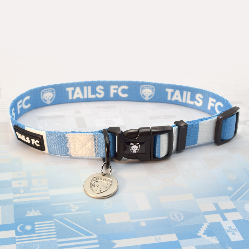 Argentina Sky blue and white stripe dog collar with 'TAILS FC' logo