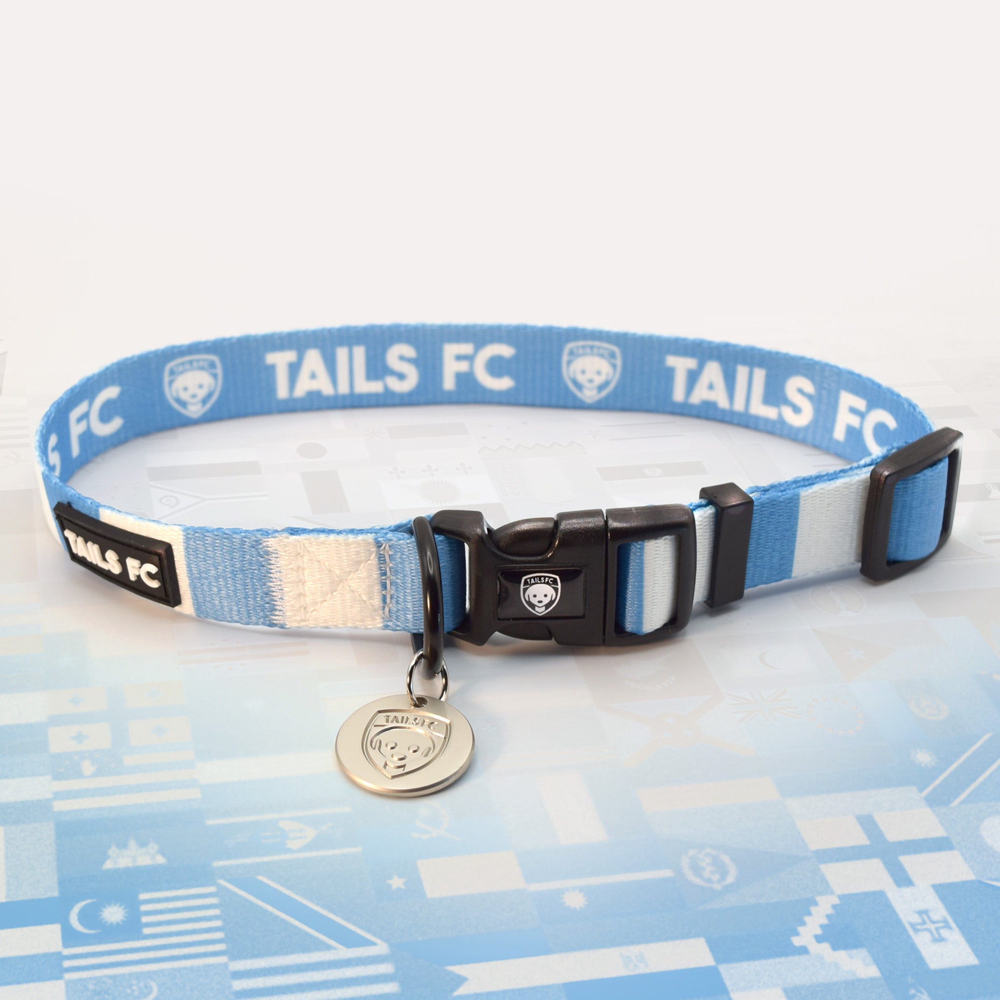 Argentina Sky blue and white stripe dog collar with 'TAILS FC' logo
