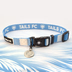 Sky blue and white stripe dog collar with 'TAILS FC' logo