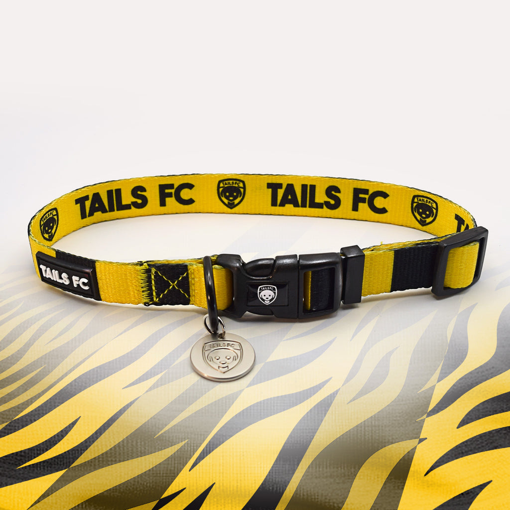 Livingston Yellow and black stripe dog collar with 'TAILS FC' logo