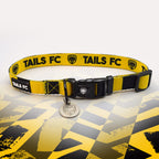 Watford Yellow and black stripe dog collar with 'TAILS FC' logo