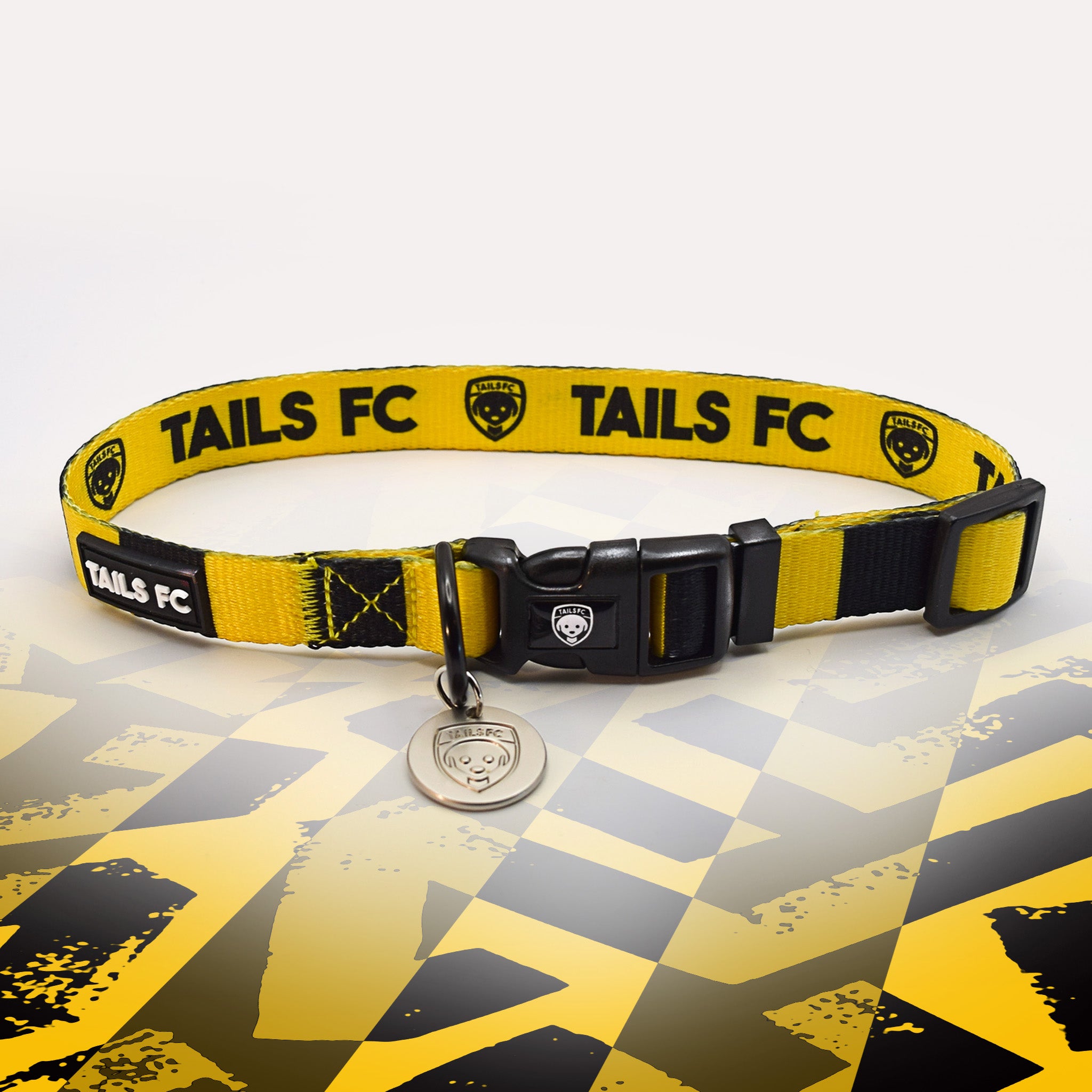 Watford Yellow and black stripe dog collar with 'TAILS FC' logo