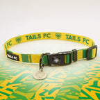 Norwich Yellow and green stripe dog collar with 'TAILS FC' logo