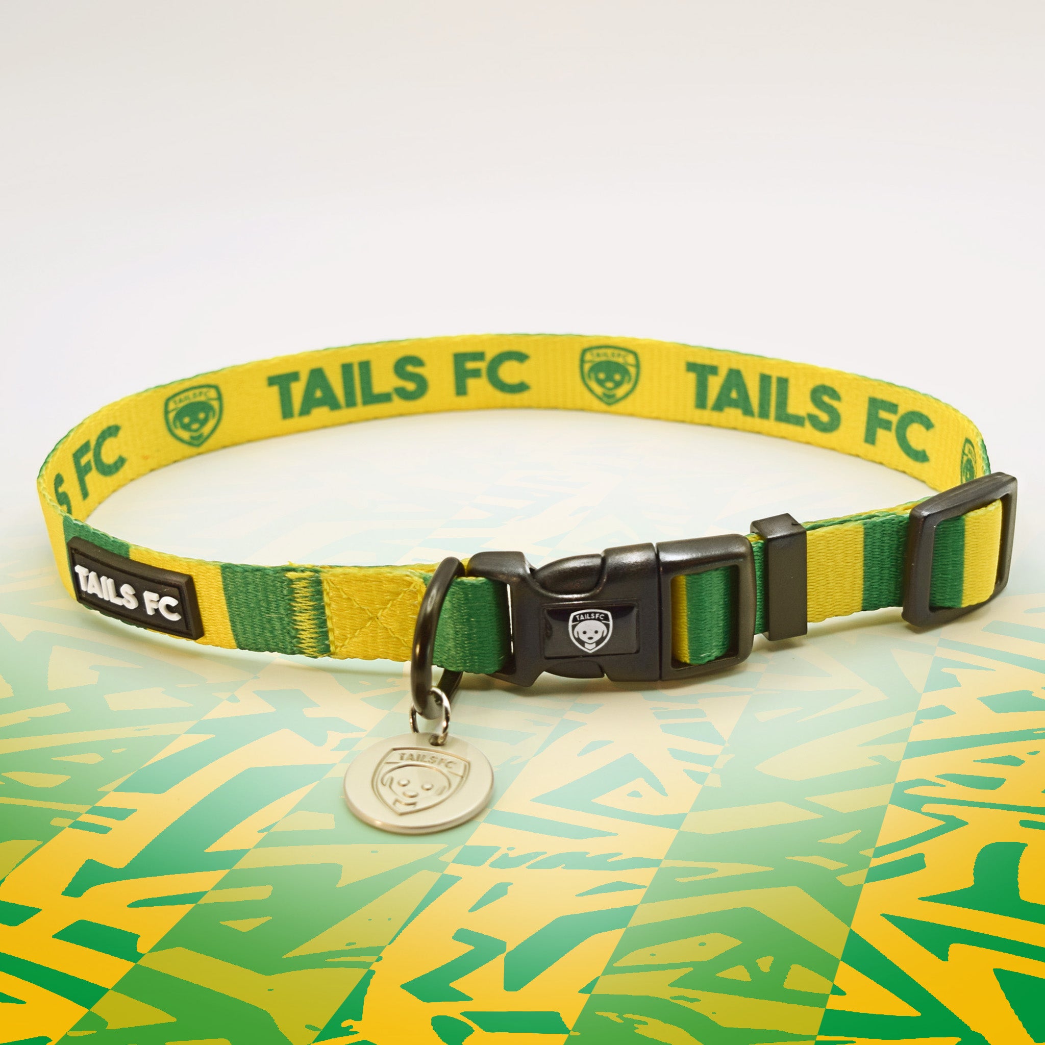 Yellow and green stripe dog collar with 'TAILS FC' logo