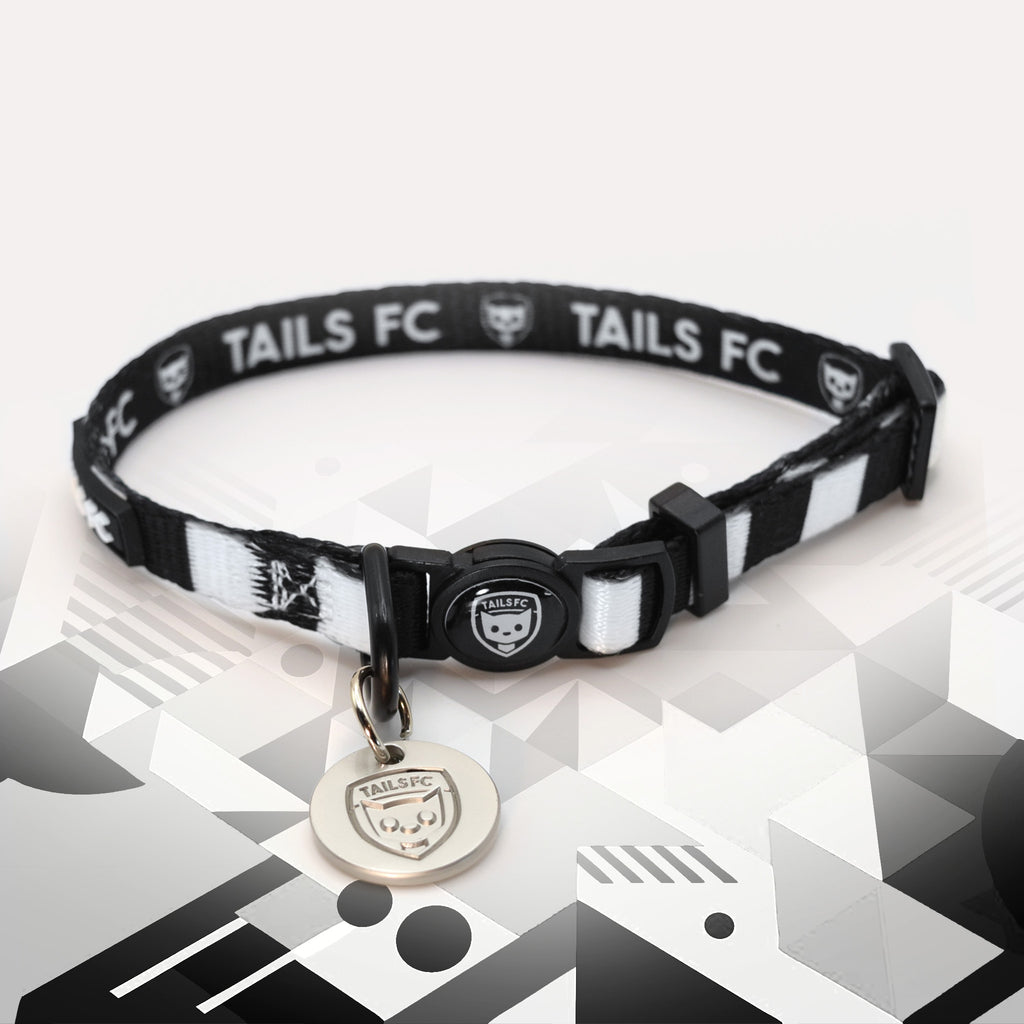 Derby Black and white stripe cat collar with 'TAILS FC' logo