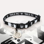 Derby Black and white stripe cat collar with 'TAILS FC' logo