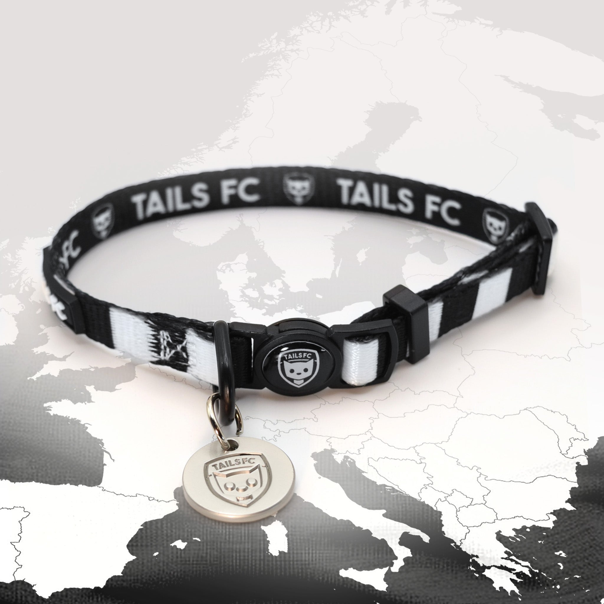 Juventus Black and white stripe cat collar with 'TAILS FC' logo
