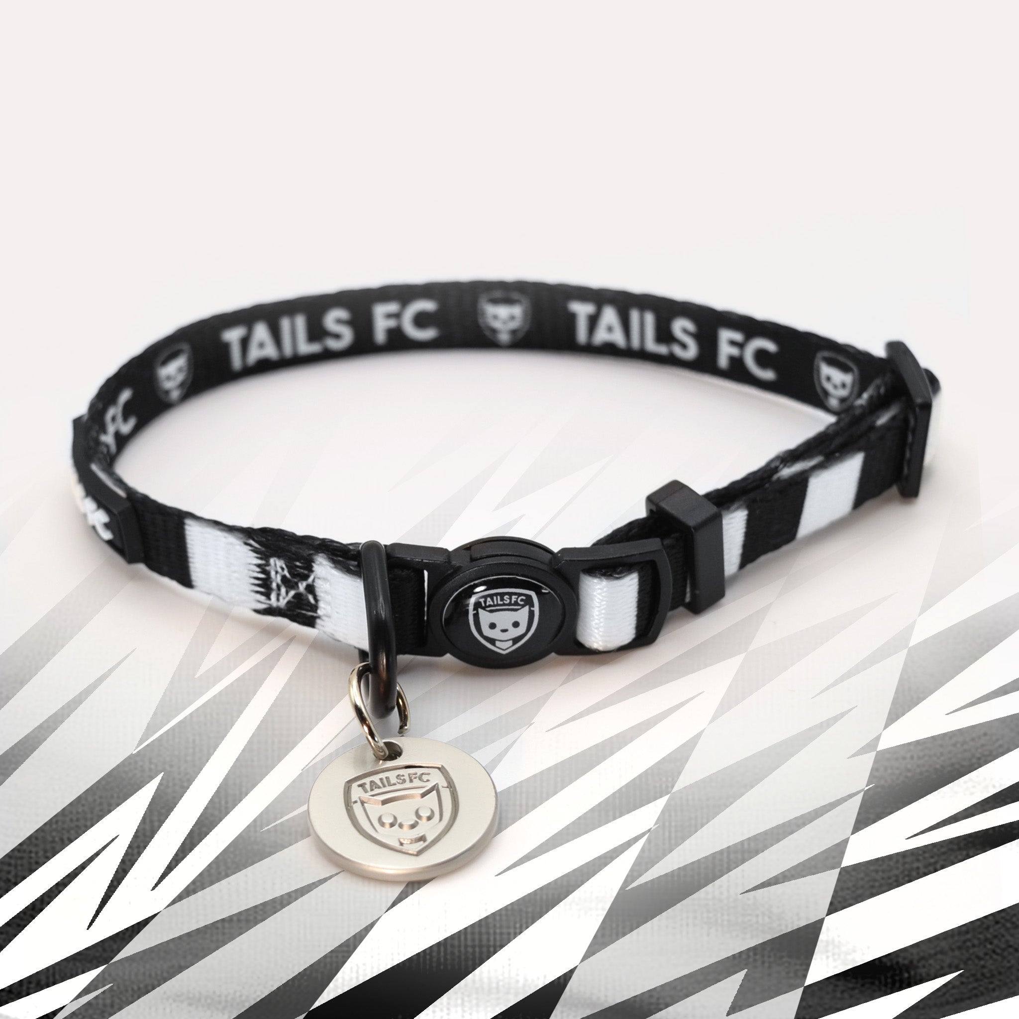 St Mirren Black and white stripe cat collar with 'TAILS FC' logo